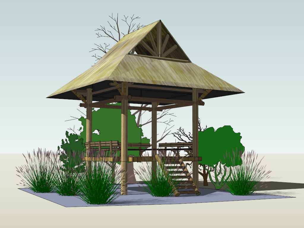 Asian Timber Pavilion sketchup model preview - SketchupBox