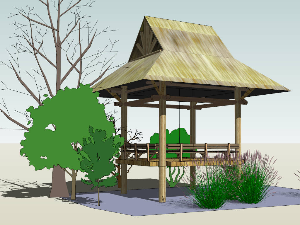 Asian Timber Pavilion sketchup model preview - SketchupBox