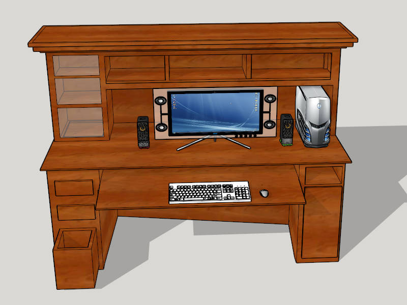 Wood Computer Desk with Hutch sketchup model preview - SketchupBox