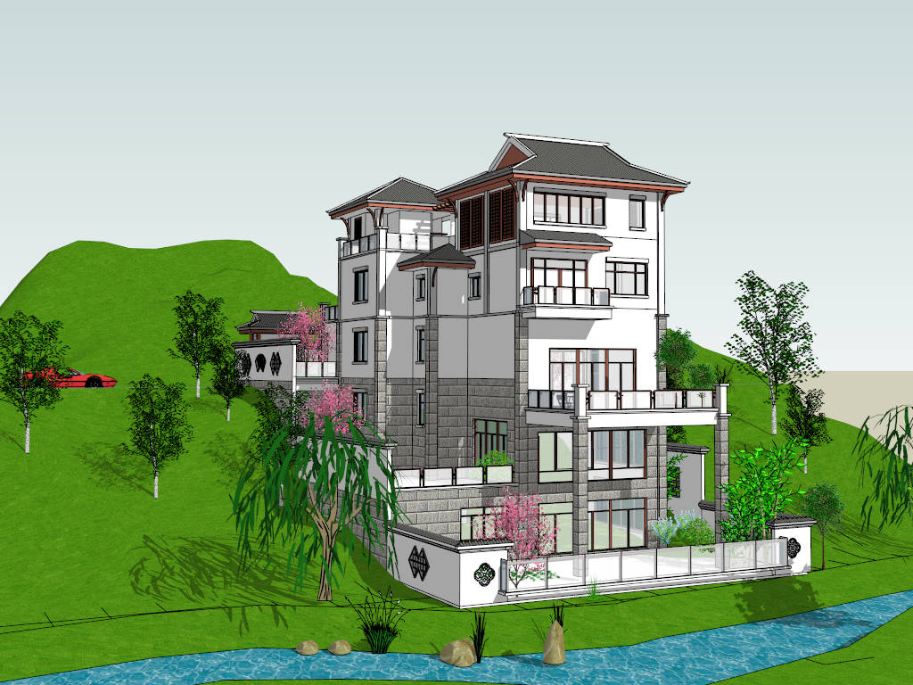 Modern Chinese Mansion On Mountain sketchup model preview - SketchupBox