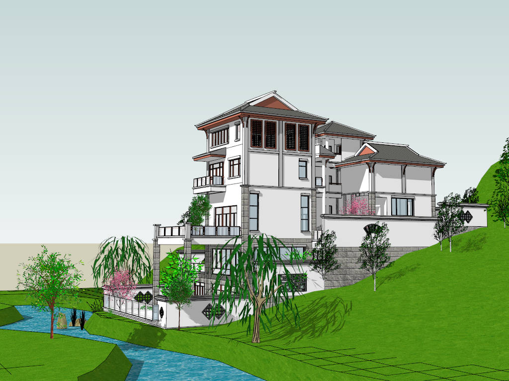 Modern Chinese Mansion On Mountain sketchup model preview - SketchupBox