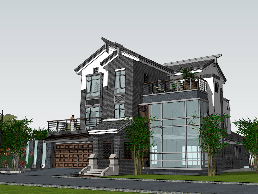 Modern Chinese House Exterior Design sketchup model preview - SketchupBox