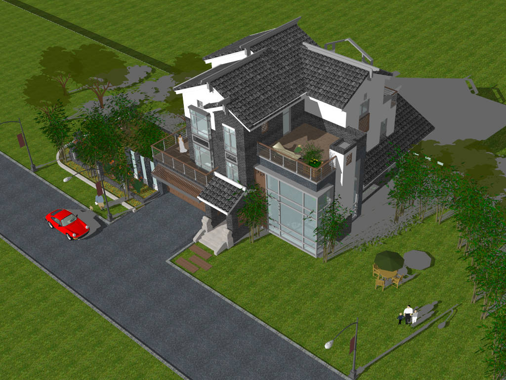 Modern Chinese House Exterior Design sketchup model preview - SketchupBox