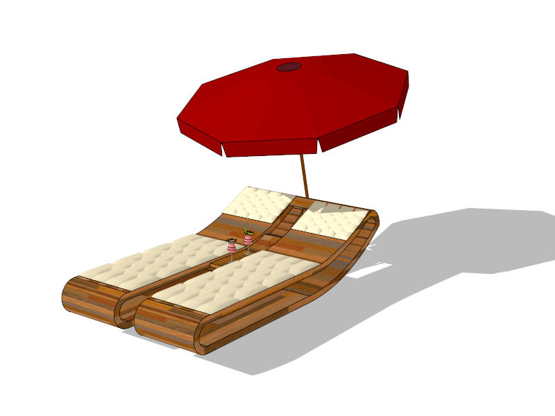 Double Chaise Lounge with Umbrella sketchup model preview - SketchupBox