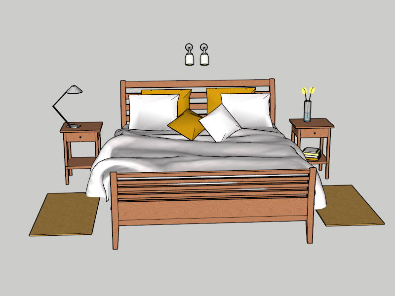 Wood Queen Size Bed with Nightstands sketchup model preview - SketchupBox