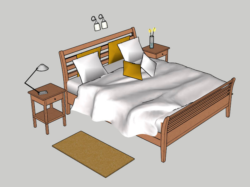 Wood Queen Size Bed with Nightstands sketchup model preview - SketchupBox