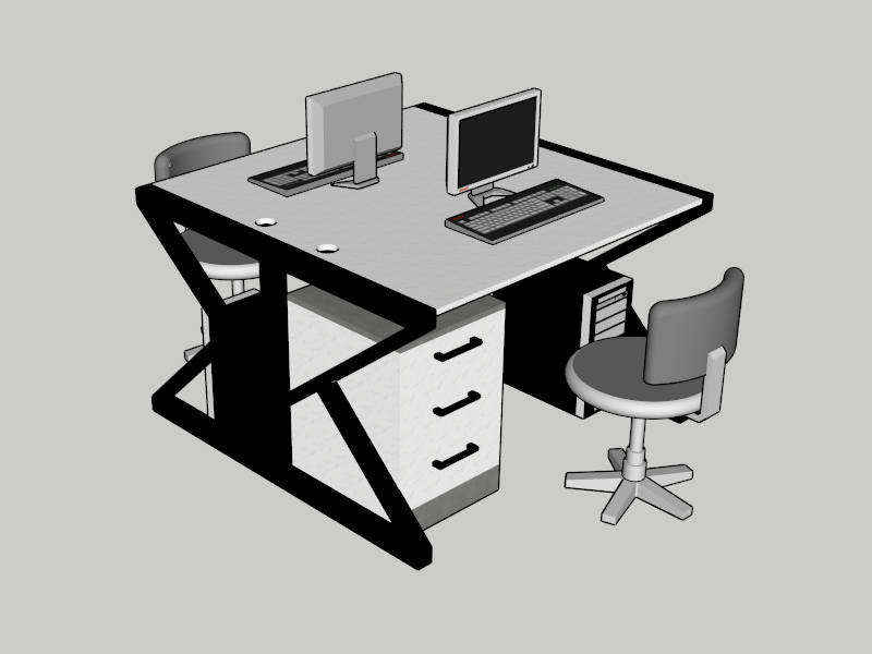 2 Person Office Desk Workstation sketchup model preview - SketchupBox