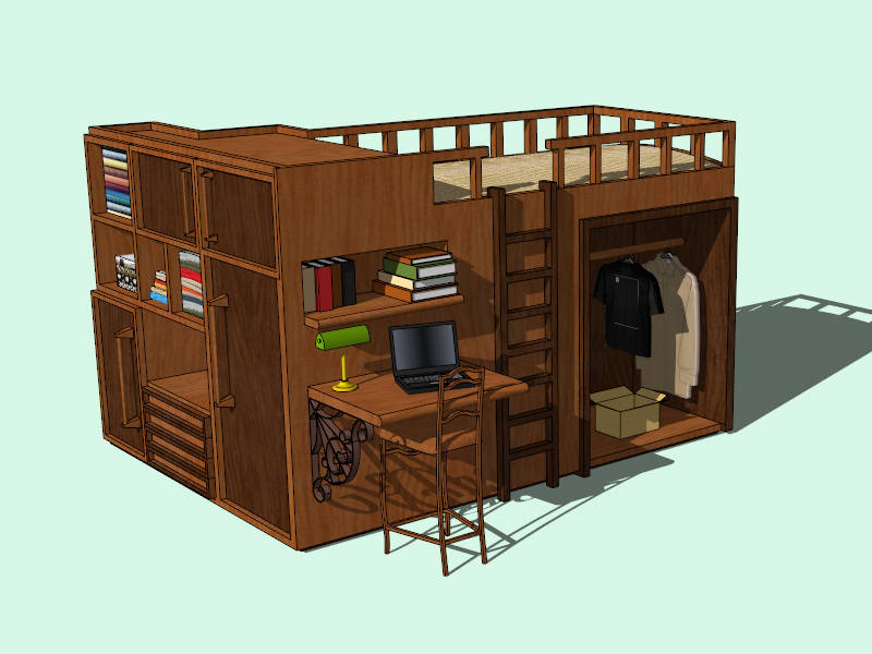 Adult Loft Bed with Wardorbe sketchup model preview - SketchupBox