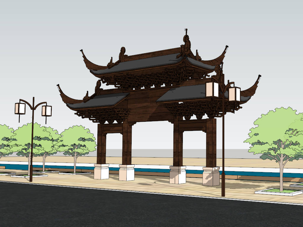 Traditional Chinese Gate sketchup model preview - SketchupBox