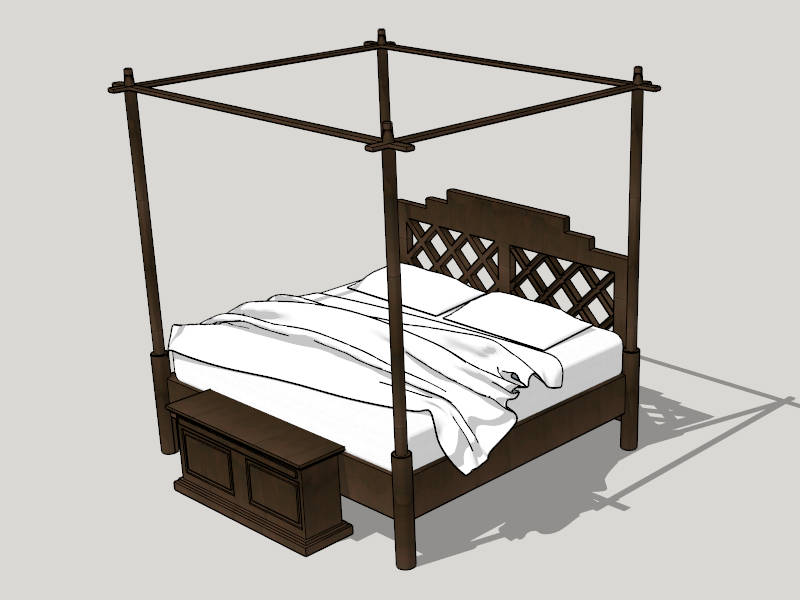 Dark Wood Four Poster Bed sketchup model preview - SketchupBox