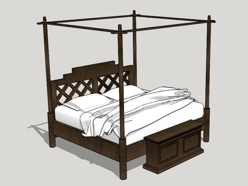 Dark Wood Four Poster Bed sketchup model preview - SketchupBox