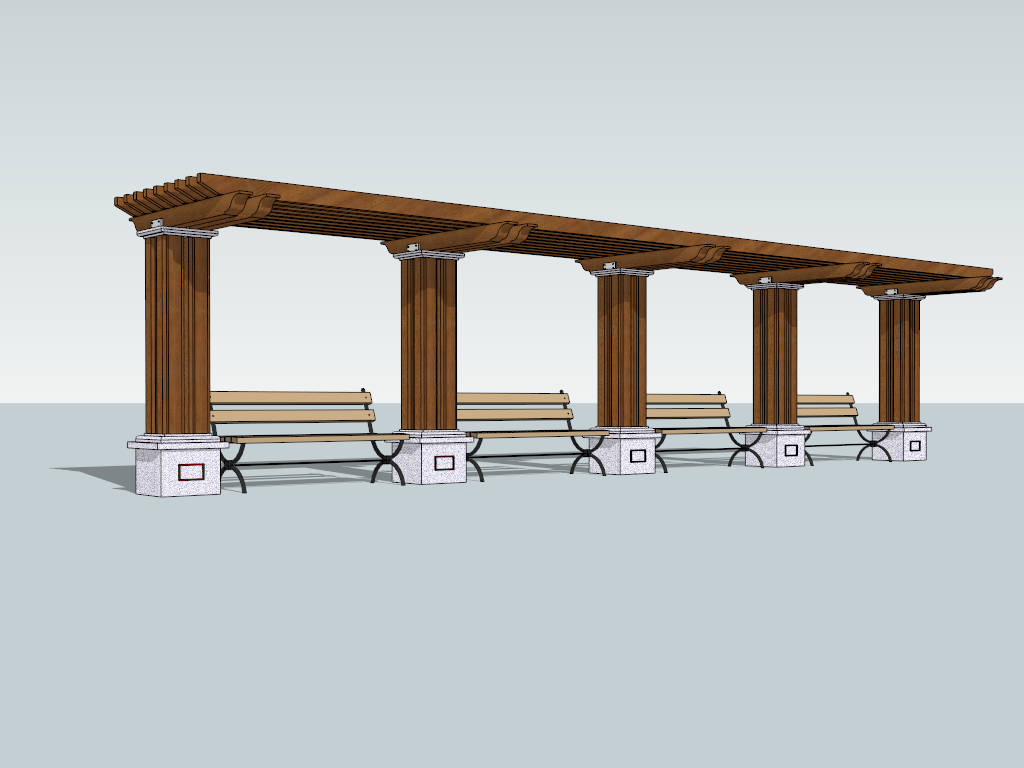 Wood Pergola with Benches sketchup model preview - SketchupBox