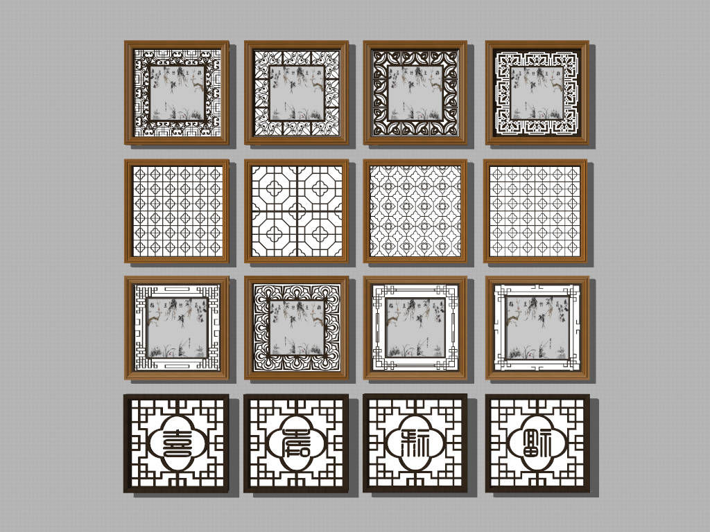 Chinese Lattice Window Panels sketchup model preview - SketchupBox