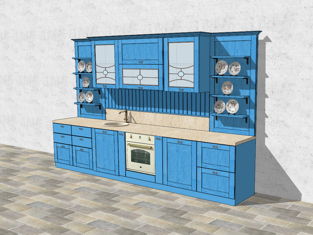 Retro Blue Kitchen Cabinet with Dish Rack sketchup model preview - SketchupBox