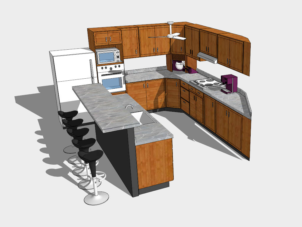 L Kitchen with Island Layout sketchup model preview - SketchupBox
