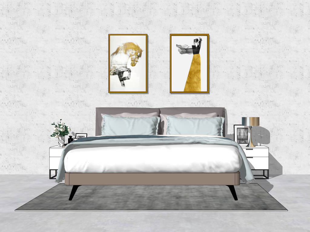 Modern Bed and Nightstand Set sketchup model preview - SketchupBox