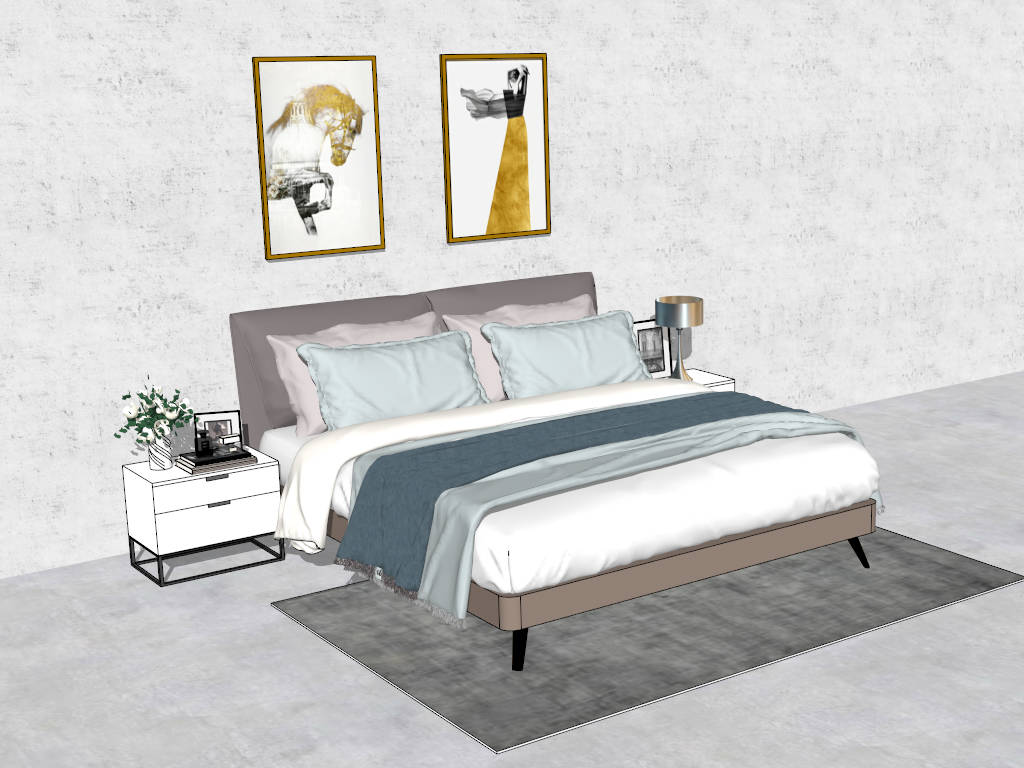 Modern Bed and Nightstand Set sketchup model preview - SketchupBox