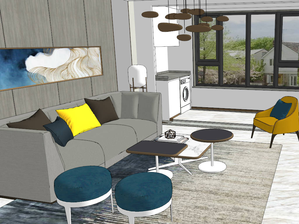 Living Room with Dining Interior Design sketchup model preview - SketchupBox