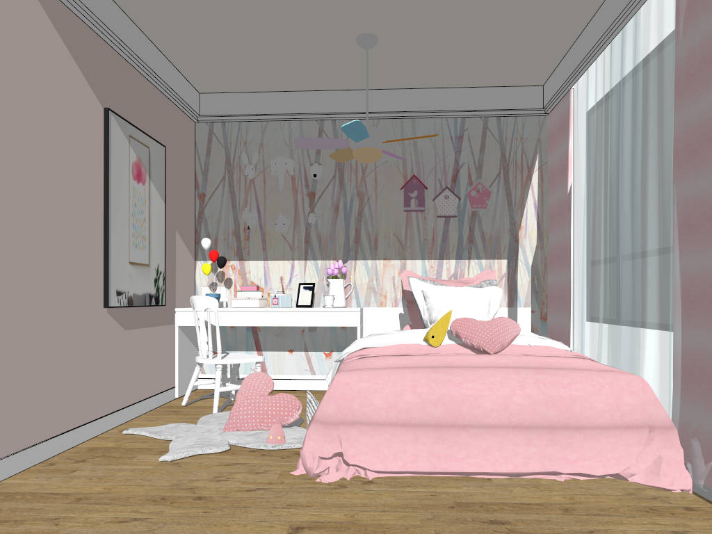 Pink Bedroom for Girl sketchup model preview - SketchupBox