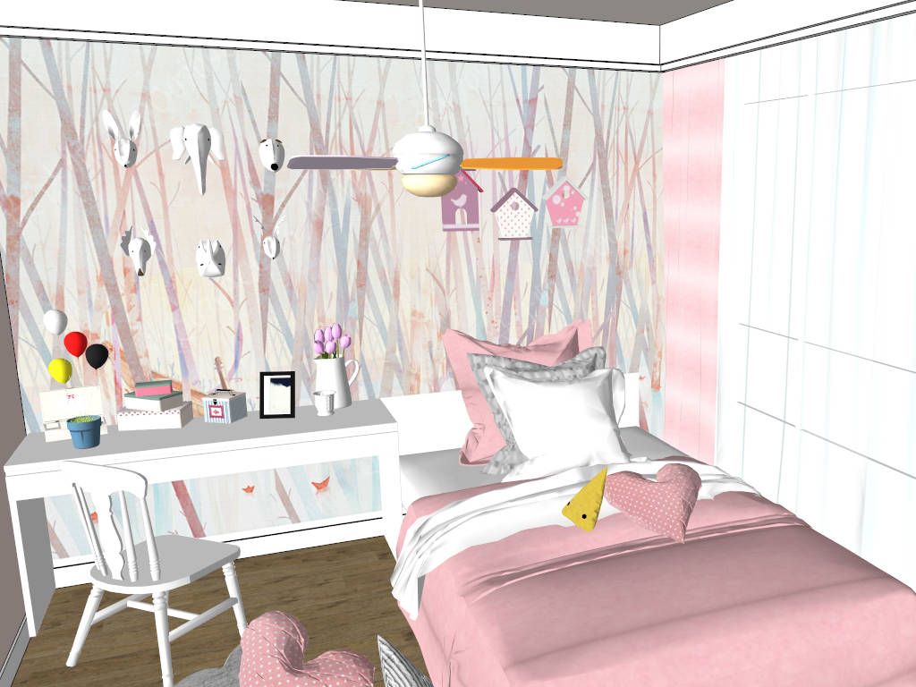 Pink Bedroom for Girl sketchup model preview - SketchupBox