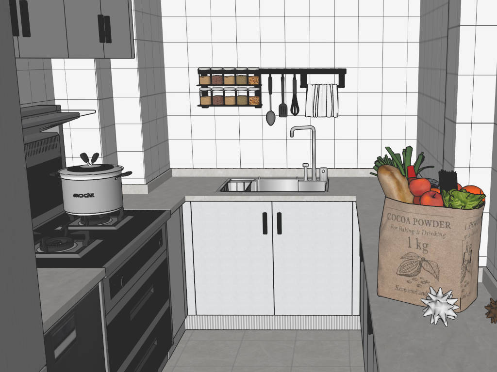 Small White Kitchen Design sketchup model preview - SketchupBox