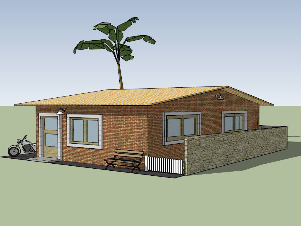 Red Brick Ranch House sketchup model preview - SketchupBox
