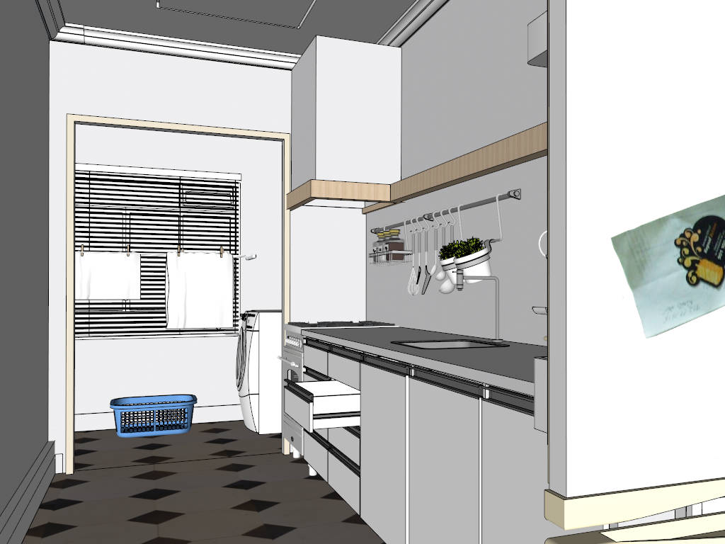 White Narrow Kitchen Design Idea sketchup model preview - SketchupBox