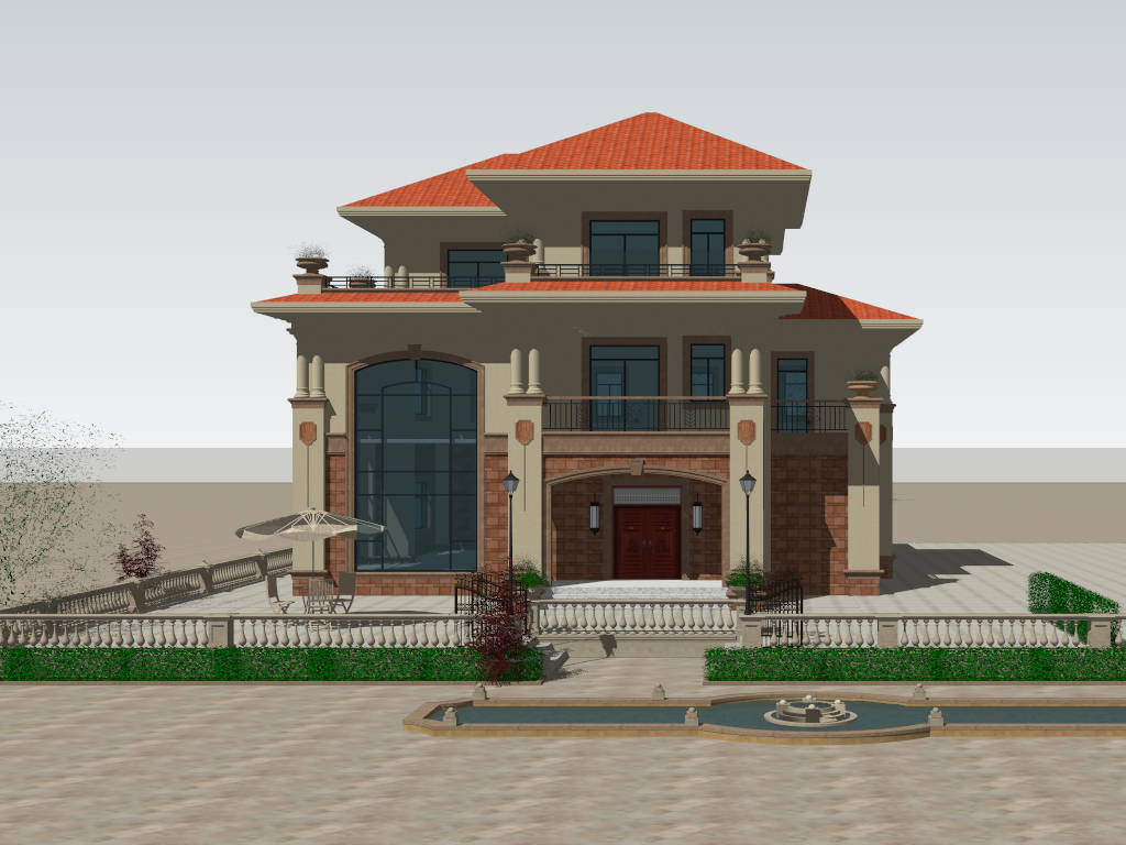 3 Storey House with Yard Design sketchup model preview - SketchupBox