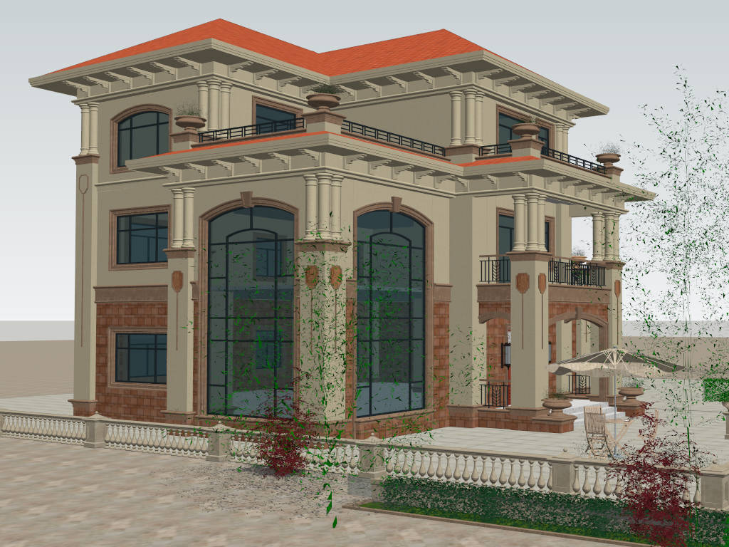 3 Storey House with Yard Design sketchup model preview - SketchupBox