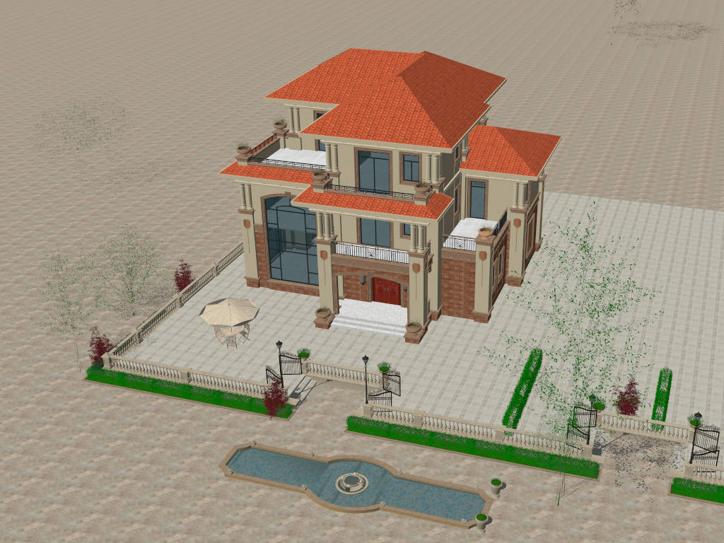 3 Storey House with Yard Design sketchup model preview - SketchupBox