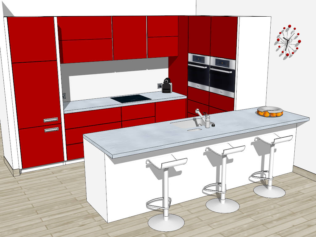 Red Kitchen with Island sketchup model preview - SketchupBox