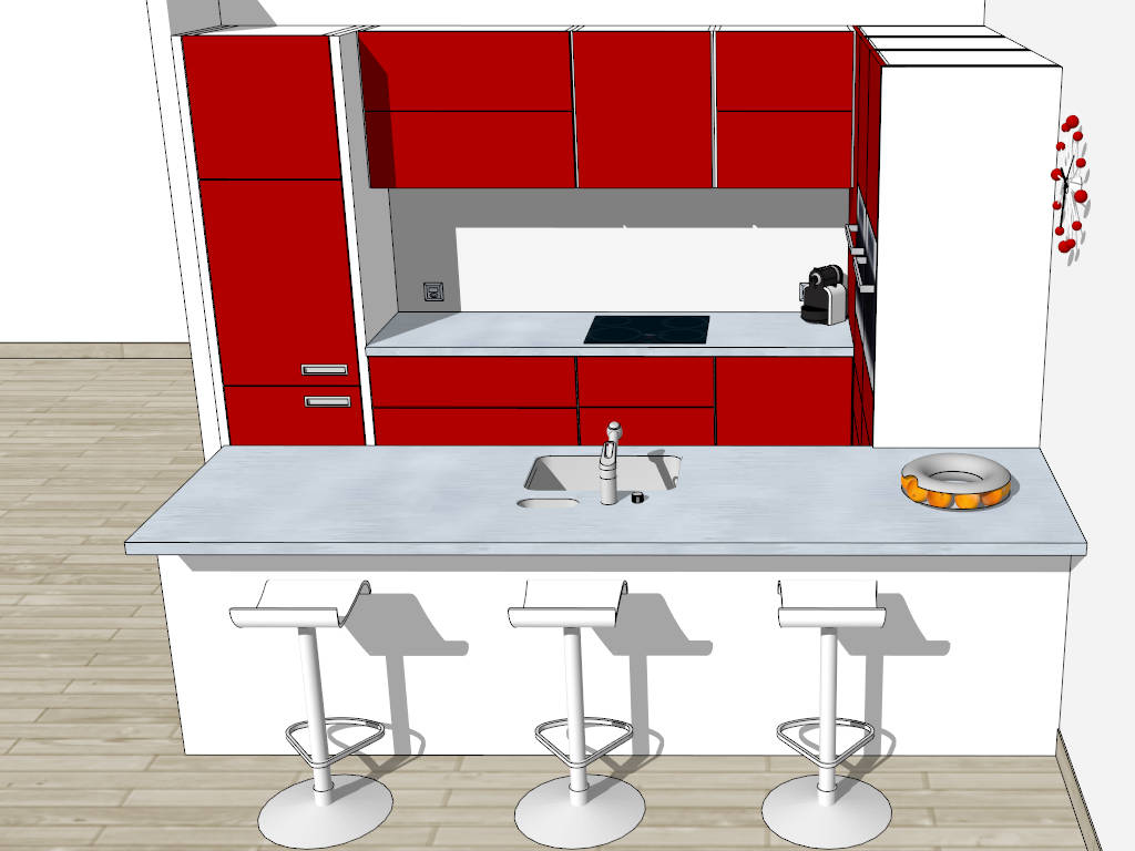 Red Kitchen with Island sketchup model preview - SketchupBox