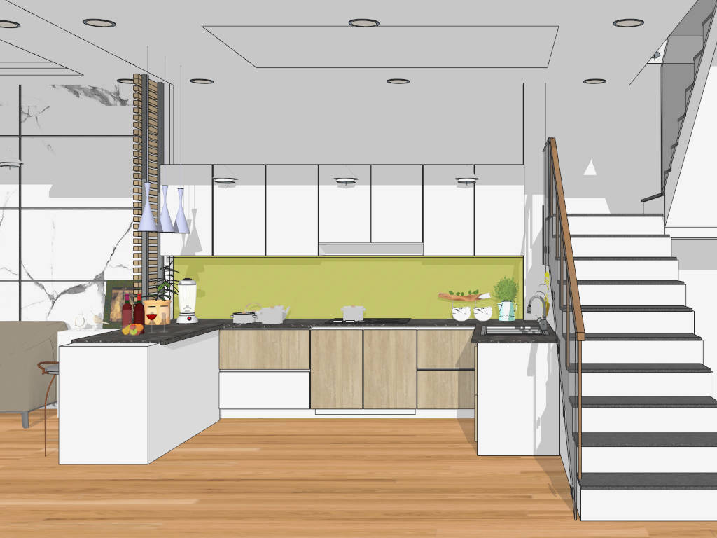 loft apartment living room and kitchen sketchup model preview - SketchupBox