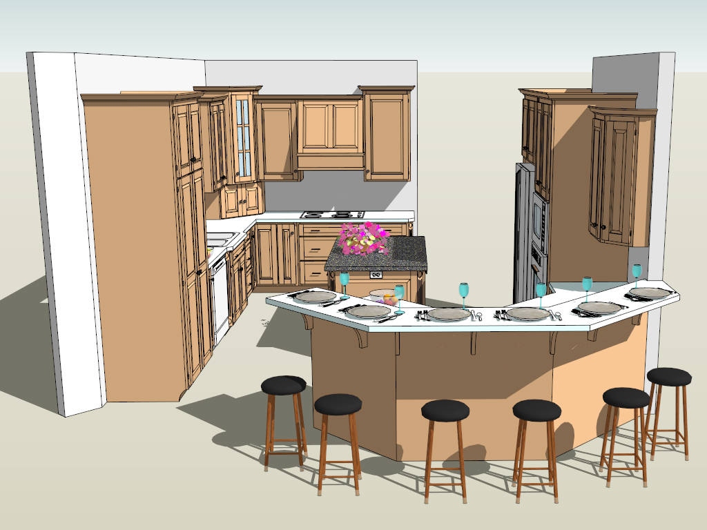 Open Kitchen with Island and Bar sketchup model preview - SketchupBox