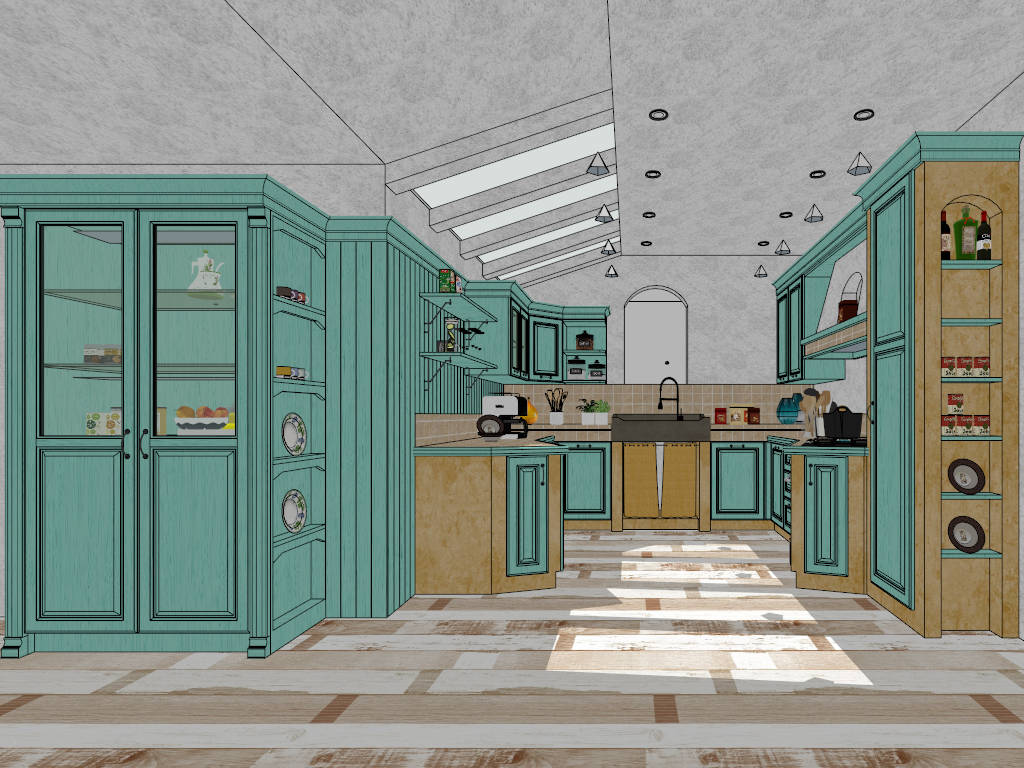 Light Blue U-Shaped Kitchen Design sketchup model preview - SketchupBox
