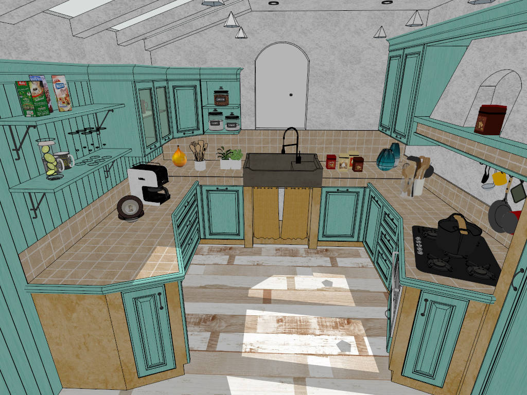 Light Blue U-Shaped Kitchen Design sketchup model preview - SketchupBox