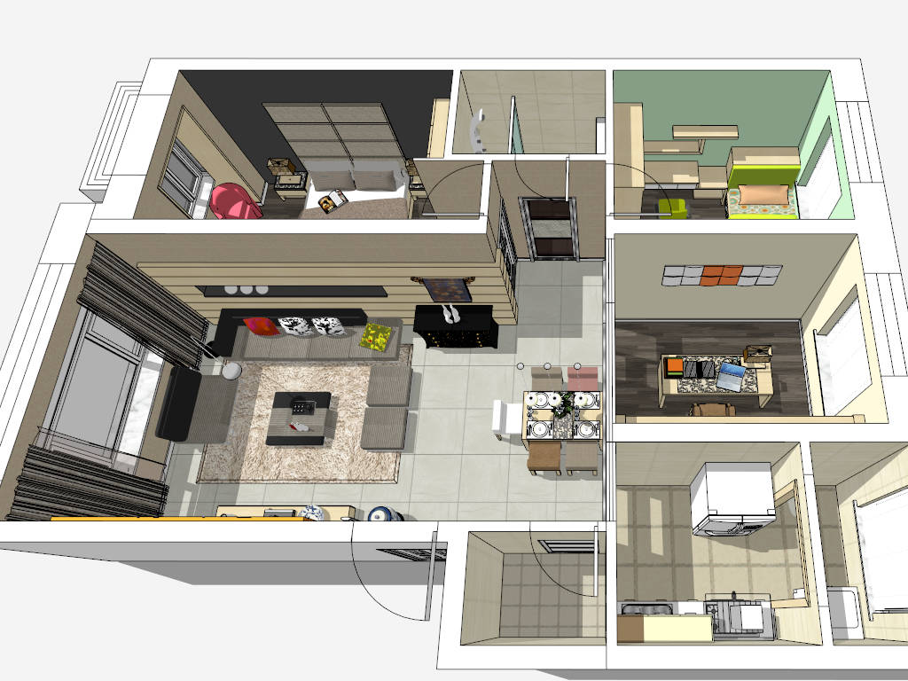 2 Bedroom Home Interior Design Ideas sketchup model preview - SketchupBox