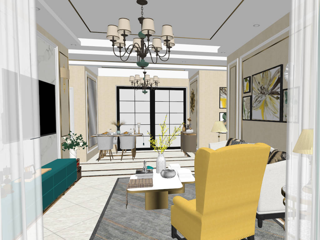 Modern Dining Room Living Room Interior Design sketchup model preview - SketchupBox
