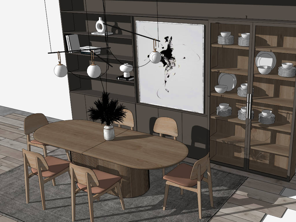 Wood Dining Table Set with Sideboard sketchup model preview - SketchupBox