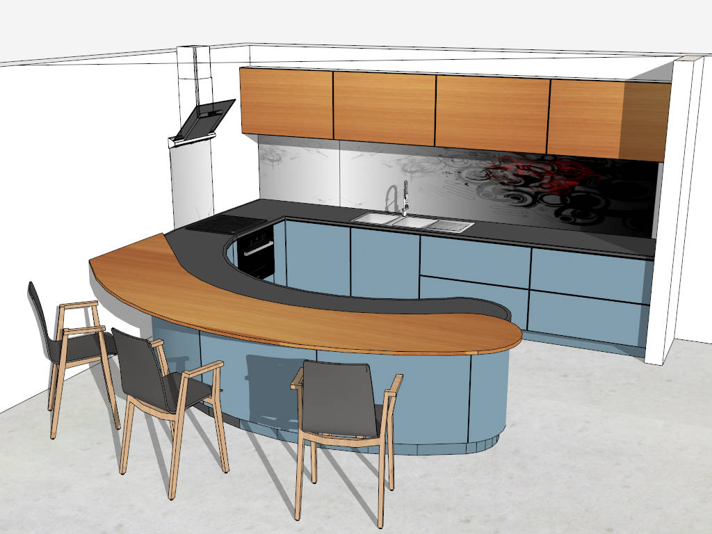 Blue And Tan Kitchen With Curved Bar sketchup model preview - SketchupBox