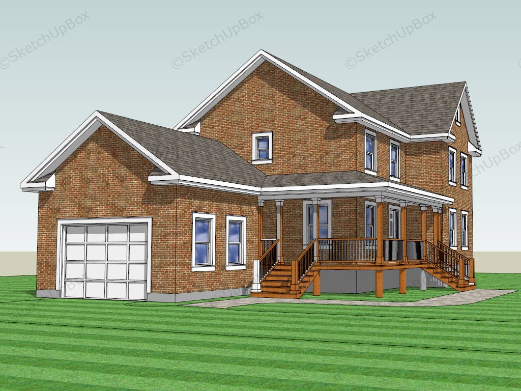 Red Brick 2 Story House sketchup model preview - SketchupBox