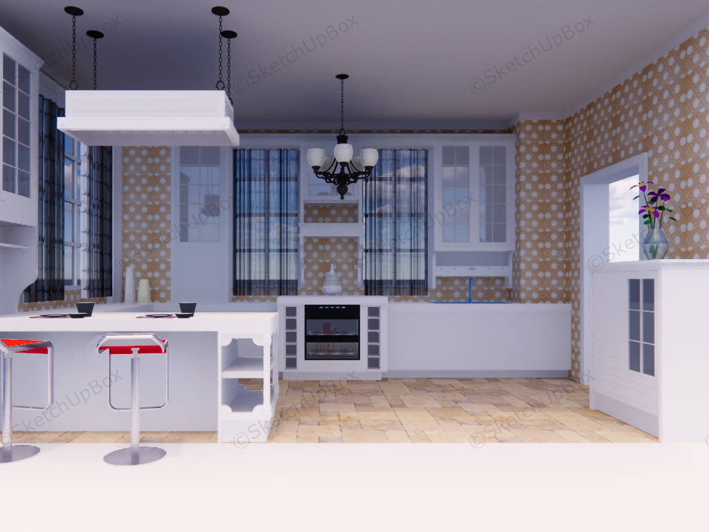 White And Orange Kitchen With Breakfast Bar sketchup model preview - SketchupBox