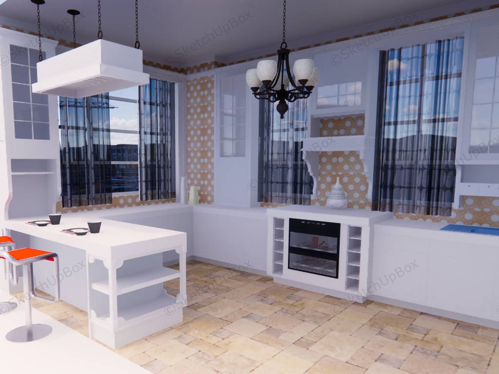 White And Orange Kitchen With Breakfast Bar sketchup model preview - SketchupBox