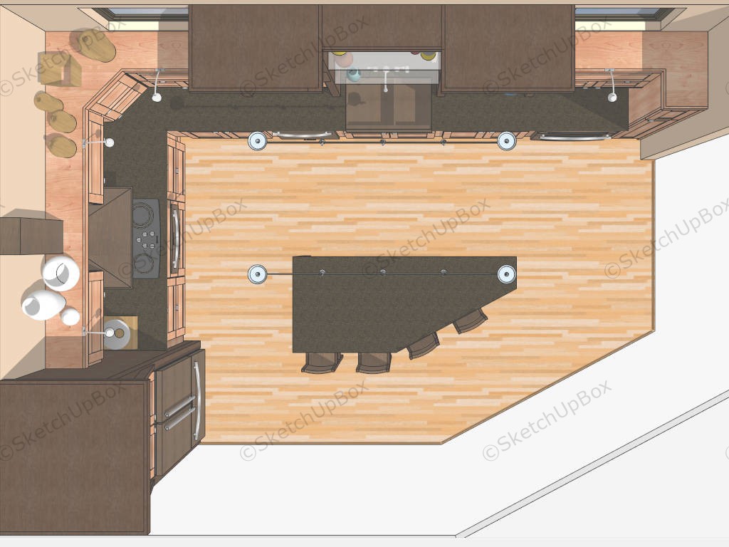 Traditional Corner Kitchen With Island sketchup model preview - SketchupBox