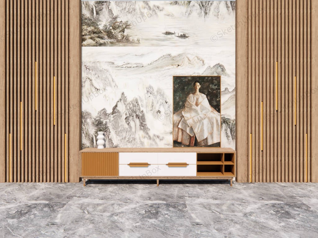 Chinese Style Tv Accent Wall With Stand sketchup model preview - SketchupBox