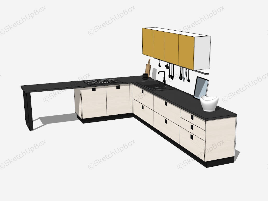 L Shaped Kitchen Cabinets With Breakfast Bar sketchup model preview - SketchupBox
