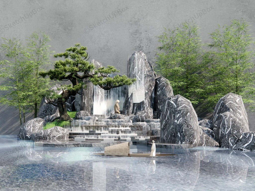 Chinese Waterfall Rock Garden Ideas sketchup model preview - SketchupBox