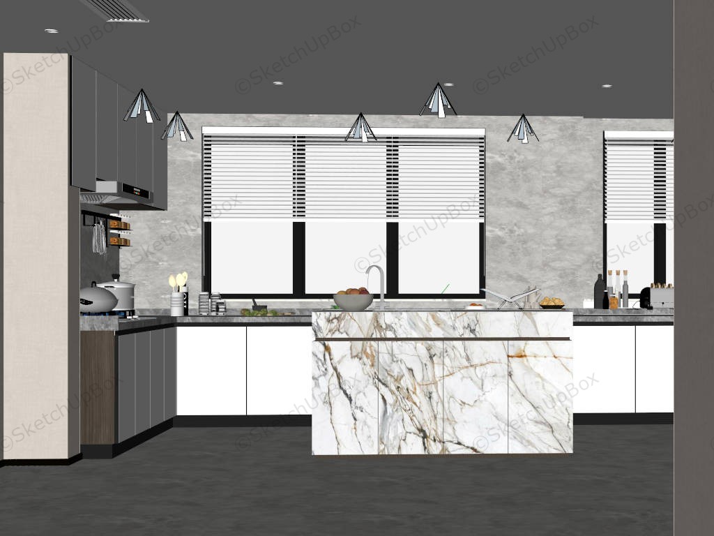 White U Shaped Kitchen With Island sketchup model preview - SketchupBox