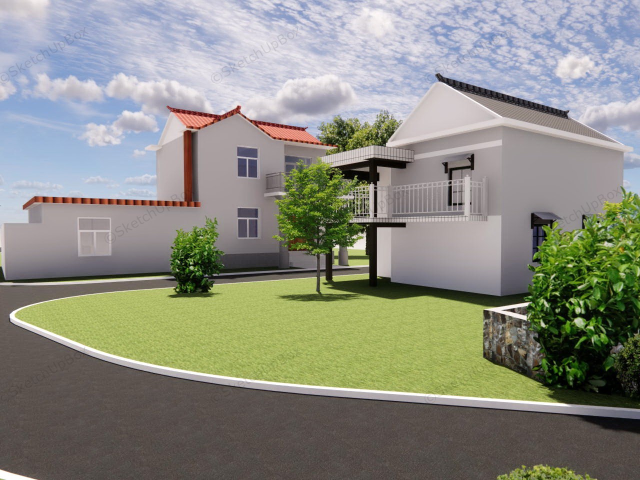 Modern House Design In Village sketchup model preview - SketchupBox