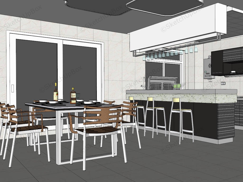 Kitchen With Bar And Dining Table Design sketchup model preview - SketchupBox